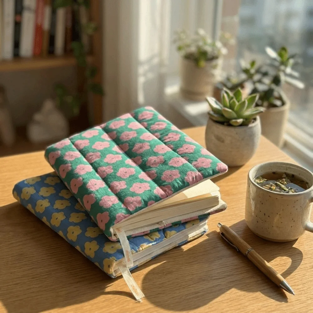 Couvre-livre matelassé vert à fleurs roses posé sur un bureau, à côté d'une tasse de thé